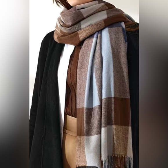 Accessories - Blanket Scarf Blue/ Brown Plaid 70” X 27.5”